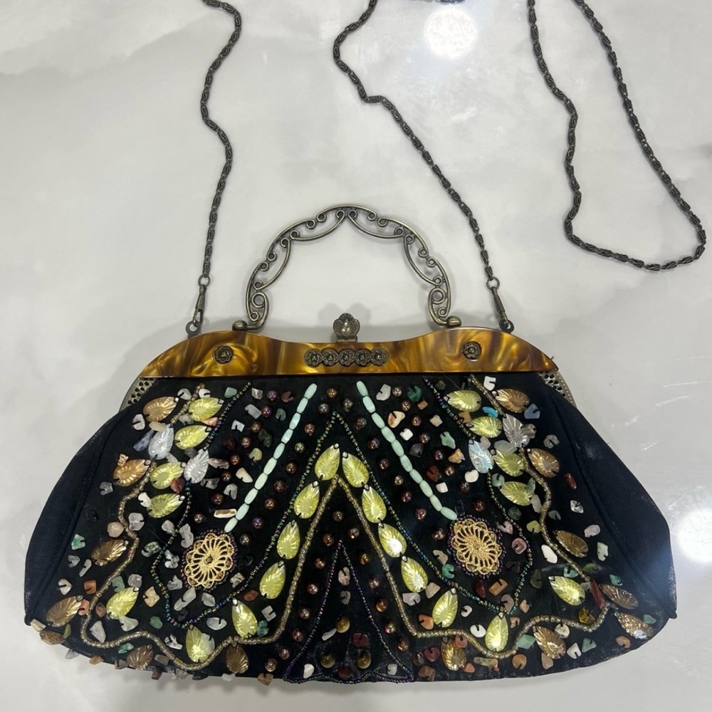 Vintage Black Beaded Clutch Bag with Chain Strap